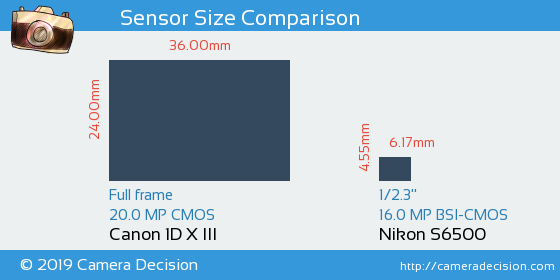 Canon 1D X III vs Nikon S6500 Sensor Size Comparison