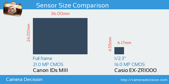 Canon 1Ds MIII vs Casio EX-ZR1000 Sensor Size Comparison