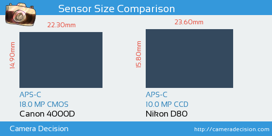 Canon 4000D vs Nikon D80 Sensor Size Comparison
