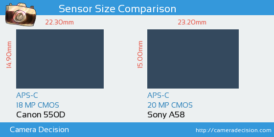 Canon 550D vs Sony A58 Sensor Size Comparison
