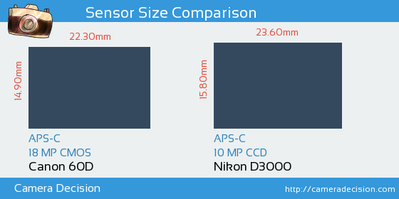 Canon 60D vs Nikon D3000 Sensor Size Comparison