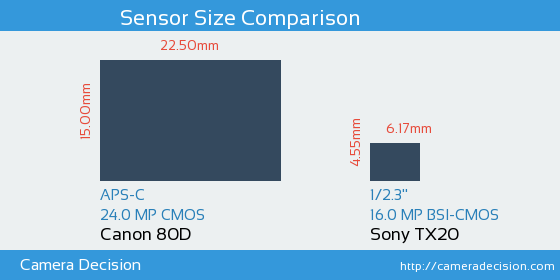 Canon 80D vs Sony TX20 Sensor Size Comparison