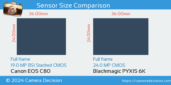 Canon EOS C80 vs Blackmagic PYXIS 6K Sensor Size Comparison