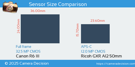 Canon R6 III vs Ricoh GXR A12 50mm Sensor Size Comparison