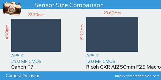 Canon T7 vs Ricoh GXR A12 50mm Sensor Size Comparison