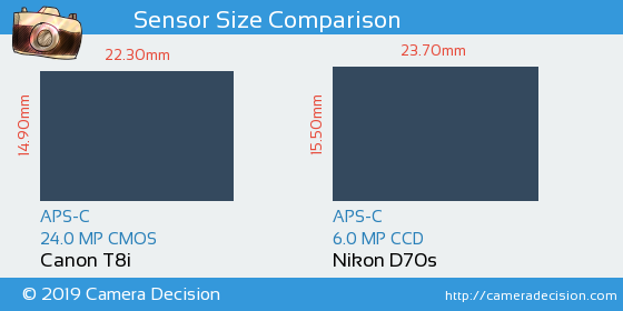 Canon T8i vs Nikon D70s Sensor Size Comparison