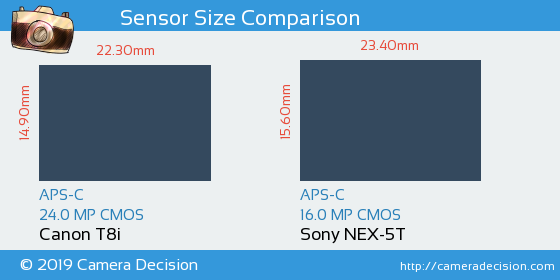Canon T8i vs Sony NEX-5T Sensor Size Comparison