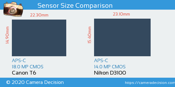 Canon T6 vs Nikon D3100 Sensor Size Comparison