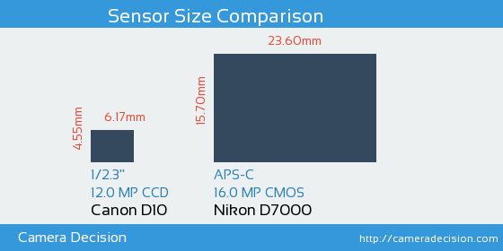Canon D10 vs Nikon D7000 Sensor Size Comparison