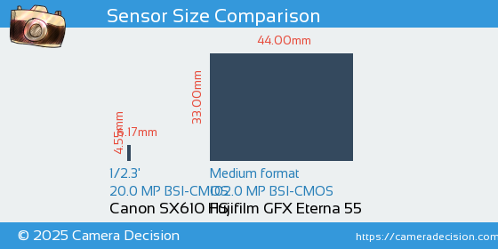 Canon SX610 HS vs Fujifilm GFX Eterna 55 Sensor Size Comparison