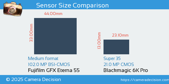 Fujifilm GFX Eterna 55 vs Blackmagic 6K Pro Sensor Size Comparison