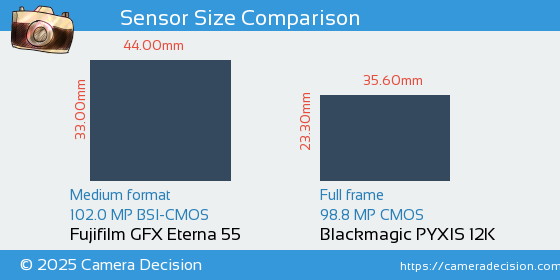 Fujifilm GFX Eterna 55 vs Blackmagic PYXIS 12K Sensor Size Comparison