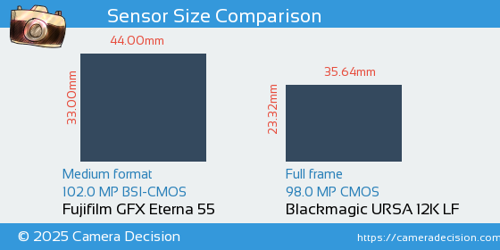 Fujifilm GFX Eterna 55 vs Blackmagic URSA 12K LF Sensor Size Comparison
