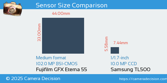 Fujifilm GFX Eterna 55 vs Samsung TL500 Sensor Size Comparison