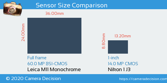 Leica M11 Monochrom vs Nikon 1 J3 Sensor Size Comparison