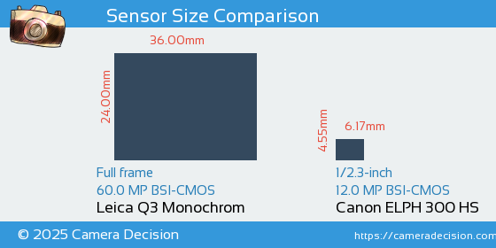 Leica Q3 Monochrom vs Canon ELPH 300 HS Sensor Size Comparison