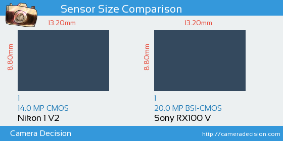 Nikon 1 V2 vs Sony RX100 V Sensor Size Comparison