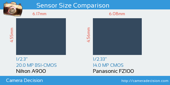 Nikon A900 vs Panasonic FZ100 Sensor Size Comparison