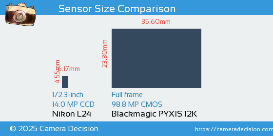 Nikon L24 vs Blackmagic PYXIS 12K Sensor Size Comparison