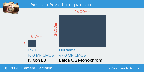 Nikon L31 vs Leica Q2 Monochrom Sensor Size Comparison
