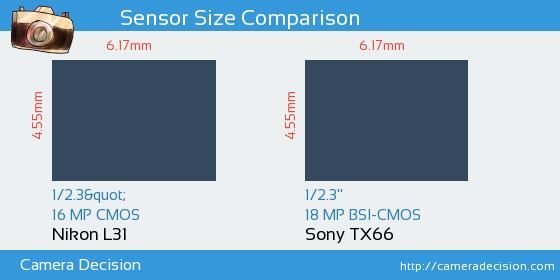 Nikon L31 vs Sony TX66 Sensor Size Comparison