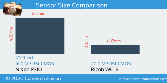 Nikon P310 vs Ricoh WG-8 Sensor Size Comparison