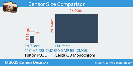 Nikon P330 vs Leica Q3 Monochrom Sensor Size Comparison
