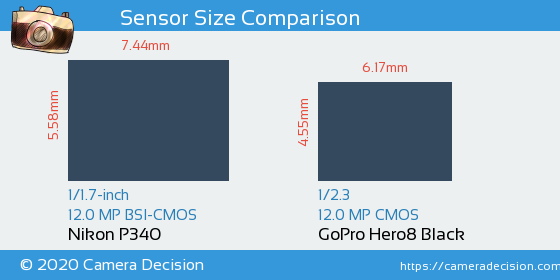 Nikon P340 vs GoPro Hero8 Black Sensor Size Comparison