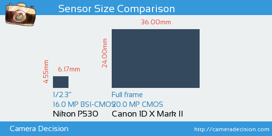 Nikon P530 vs Canon 1D X II Sensor Size Comparison