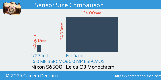 Nikon S6500 vs Leica Q3 Monochrom Sensor Size Comparison