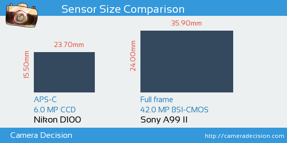 Nikon D100 vs Sony A99 II Sensor Size Comparison