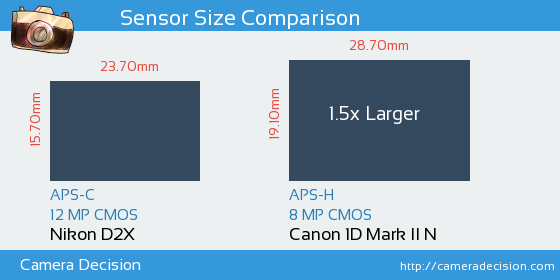 Nikon D2X vs Canon 1D MII N Sensor Size Comparison