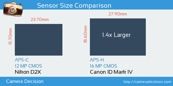 Nikon D2X vs Canon 1D MIV Sensor Size Comparison