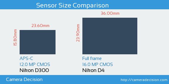 Nikon D300 vs Nikon D4 Sensor Size Comparison