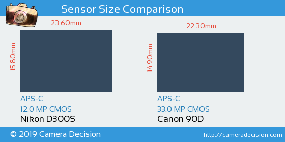 Nikon D300S vs Canon 90D Sensor Size Comparison