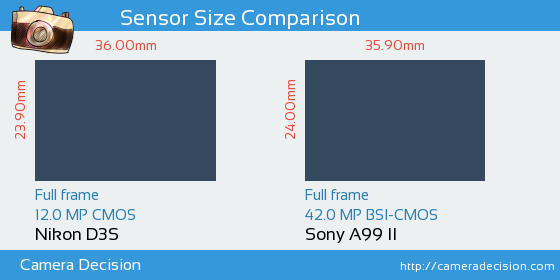 Nikon D3S vs Sony A99 II Sensor Size Comparison