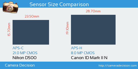 Nikon D500 vs Canon 1D MII N Sensor Size Comparison