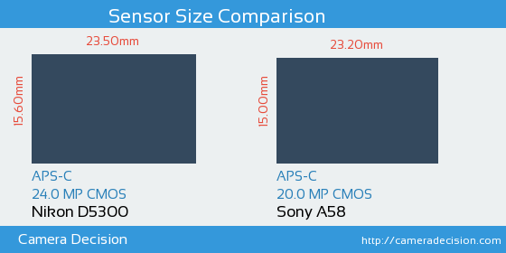 Nikon D5300 vs Sony A58 Sensor Size Comparison
