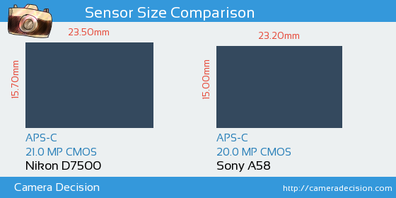 Nikon D7500 vs Sony A58 Sensor Size Comparison