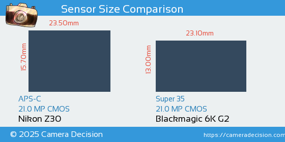 Nikon Z30 vs Blackmagic 6K G2 Sensor Size Comparison