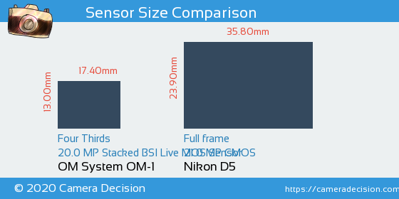 OM System OM-1 vs Nikon D5 Sensor Size Comparison
