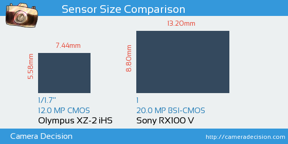 Olympus XZ-2 iHS vs Sony RX100 V Sensor Size Comparison