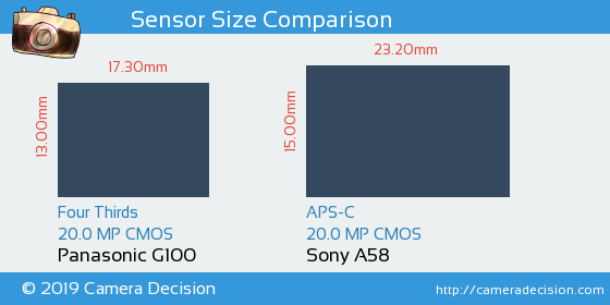 Panasonic G100 vs Sony A58 Sensor Size Comparison