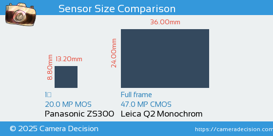 Panasonic ZS300 vs Leica Q2 Monochrom Sensor Size Comparison