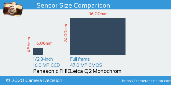 Panasonic FH10 vs Leica Q2 Monochrom Sensor Size Comparison