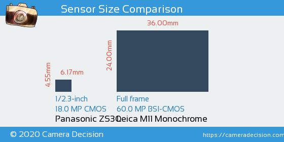 Panasonic ZS30 vs Leica M11 Monochrom Sensor Size Comparison