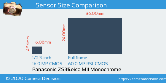 Panasonic ZS35 vs Leica M11 Monochrom Sensor Size Comparison