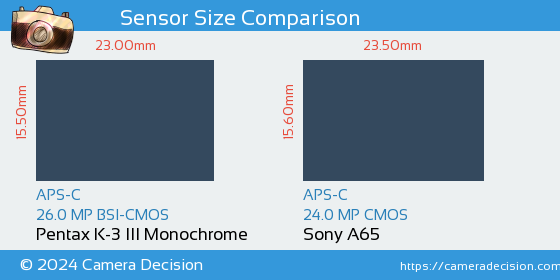 Pentax K-3 III Mono vs Sony A65 Sensor Size Comparison