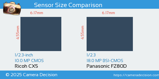 Ricoh CX5 vs Panasonic FZ80D Sensor Size Comparison