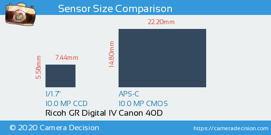 Ricoh GR Digital IV vs Canon 40D Sensor Size Comparison